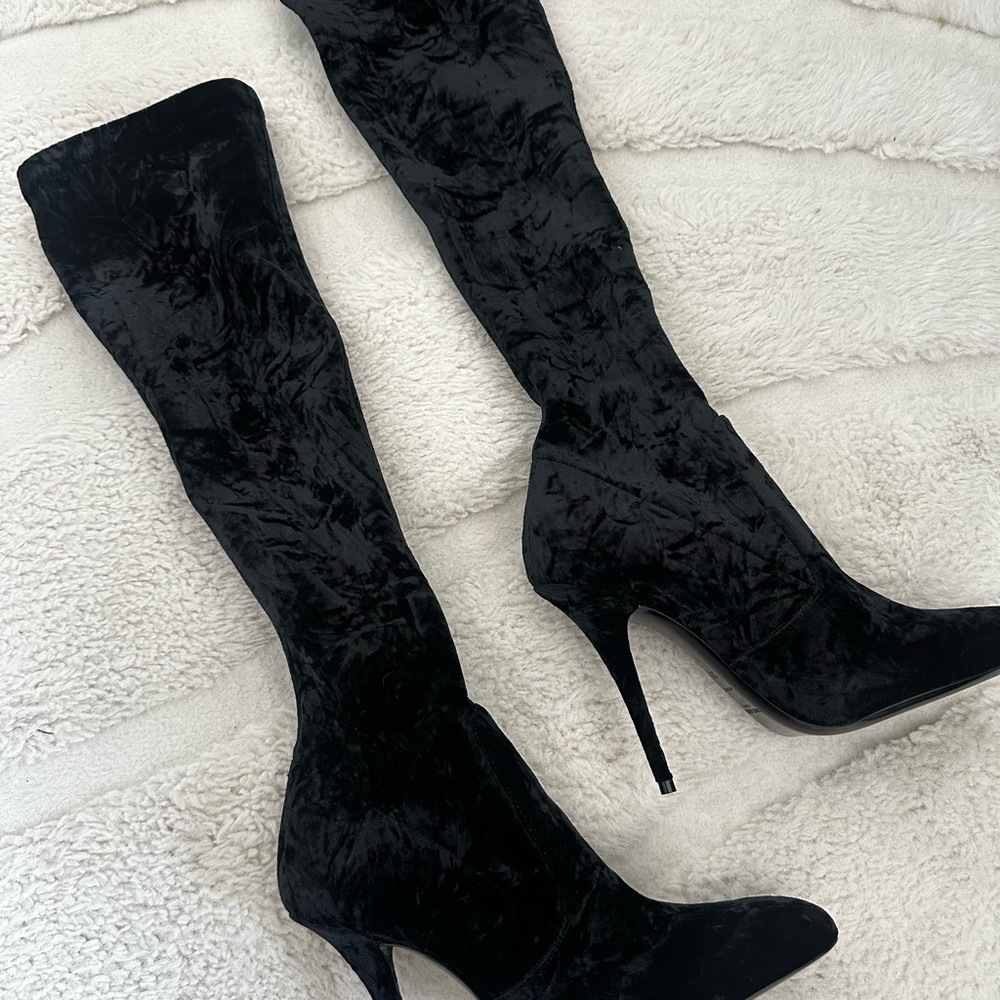 YSL black velvet heeled boots